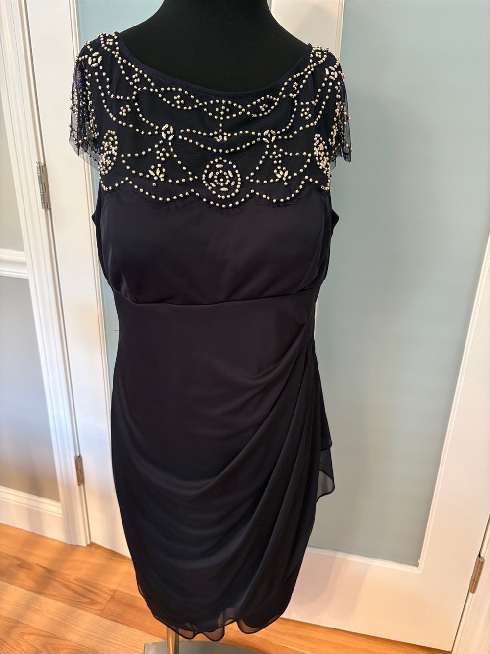 Elegant  Navy Cocktail Dress with Beaded Illusion Yoke
